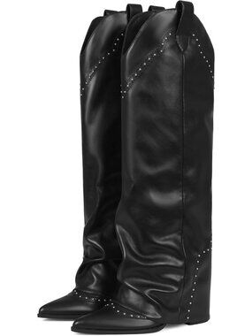 Women's Black Shark Studded Fold Over Knee High Boots Tall Pull On Snip Toe